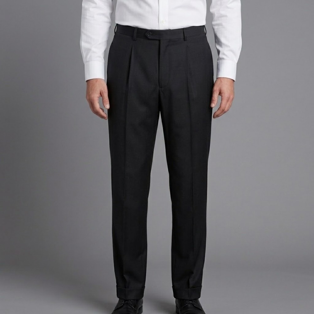 Tom James Executive Collection Dress Pants Mens 34 Black Wool Pleated Cuffed EUC
